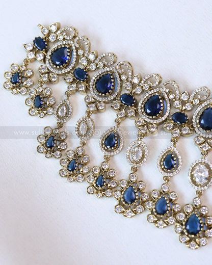 2115 - Premium Raindrop Navy Blue Heavy Choker with Earrings