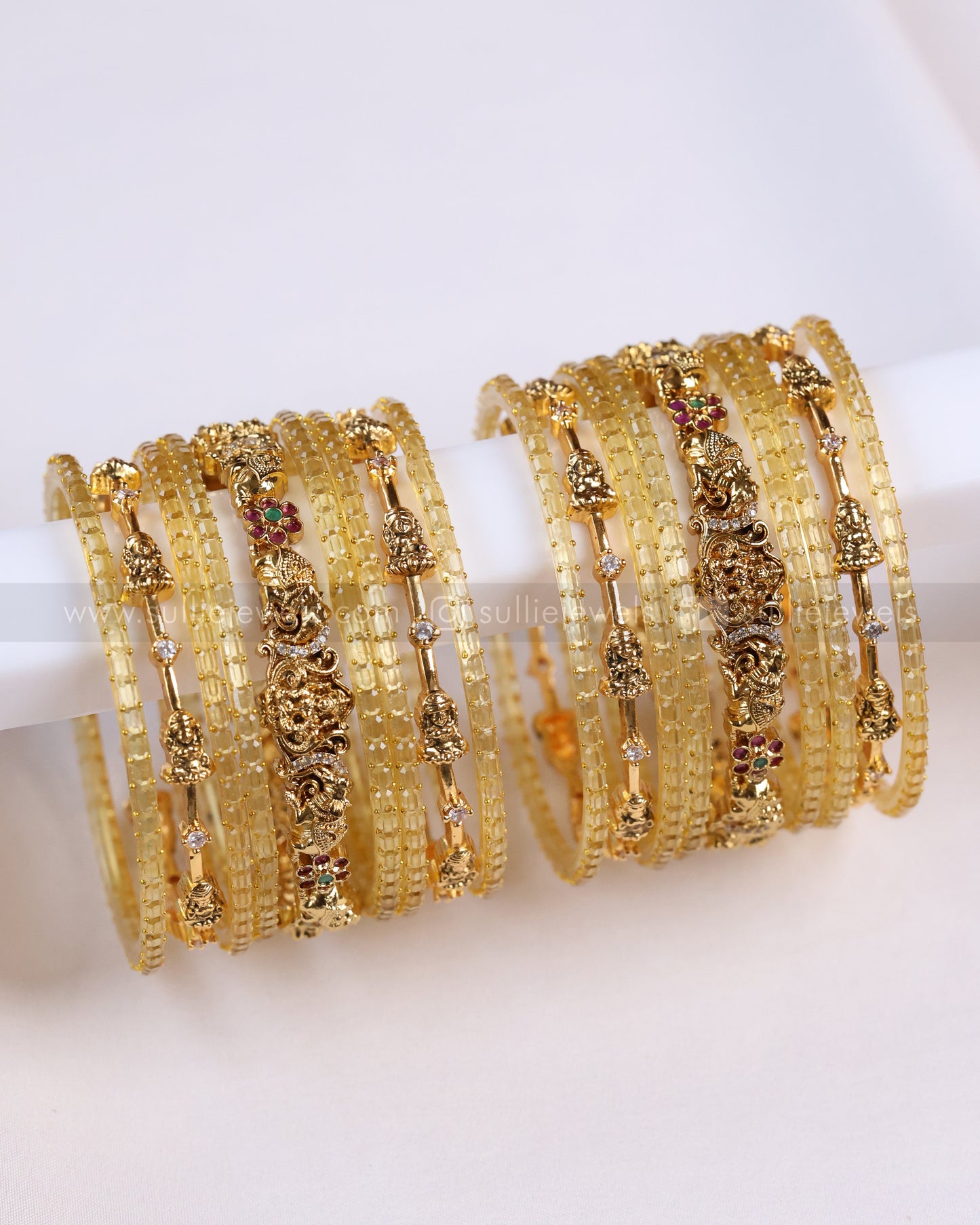Golden Lakshmi Stone Glass Bangle Combo - 18 Bangles