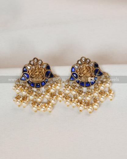 Luxe Goddess Blue Kundan Pearls Lakshmi Necklace with Earring
