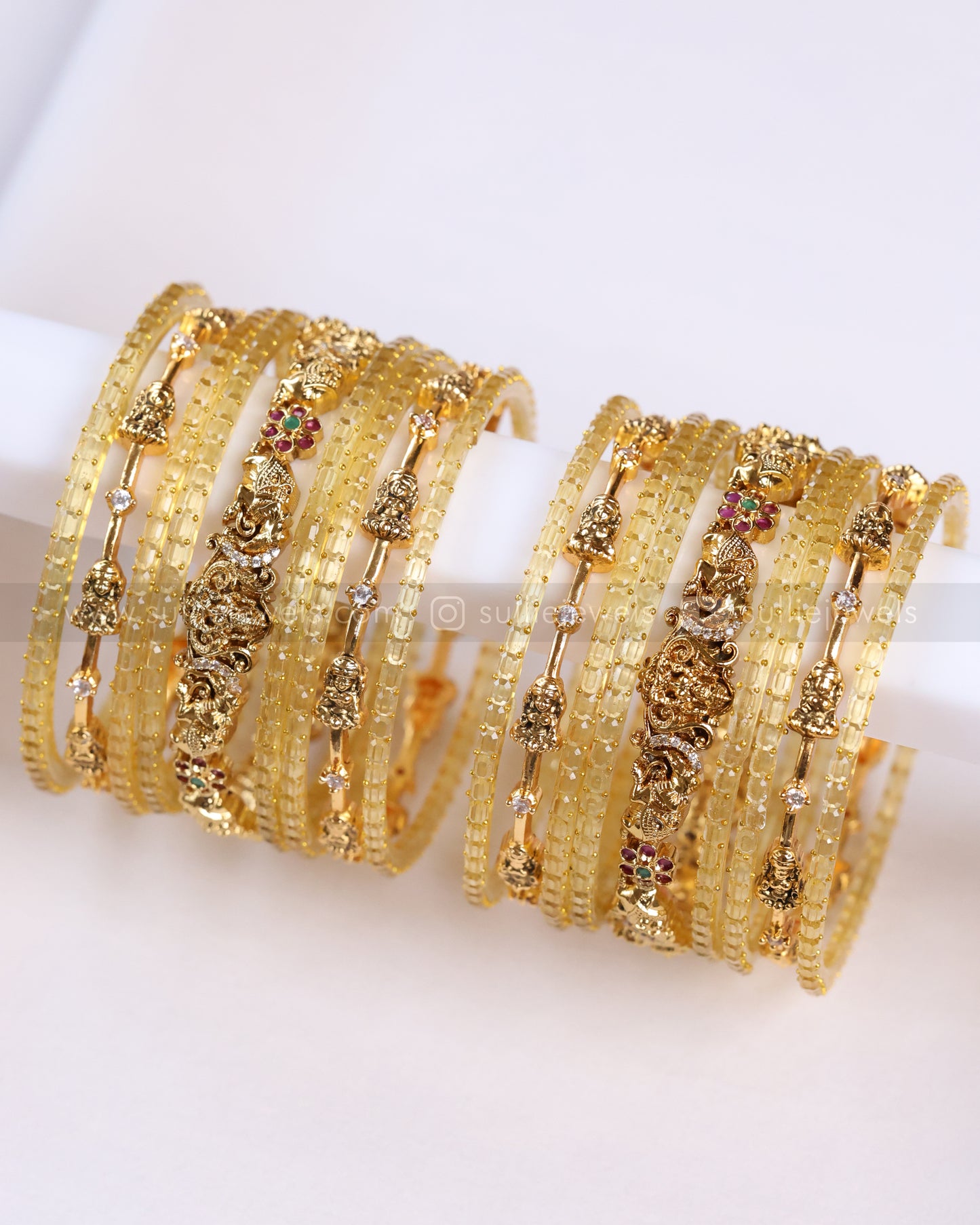 Golden Lakshmi Stone Glass Bangle Combo - 18 Bangles