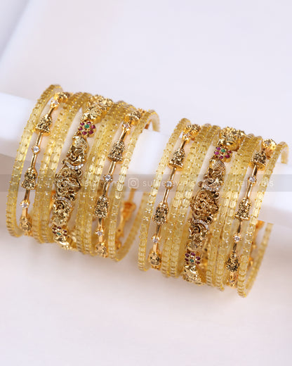 Golden Lakshmi Stone Glass Bangle Combo - 18 Bangles