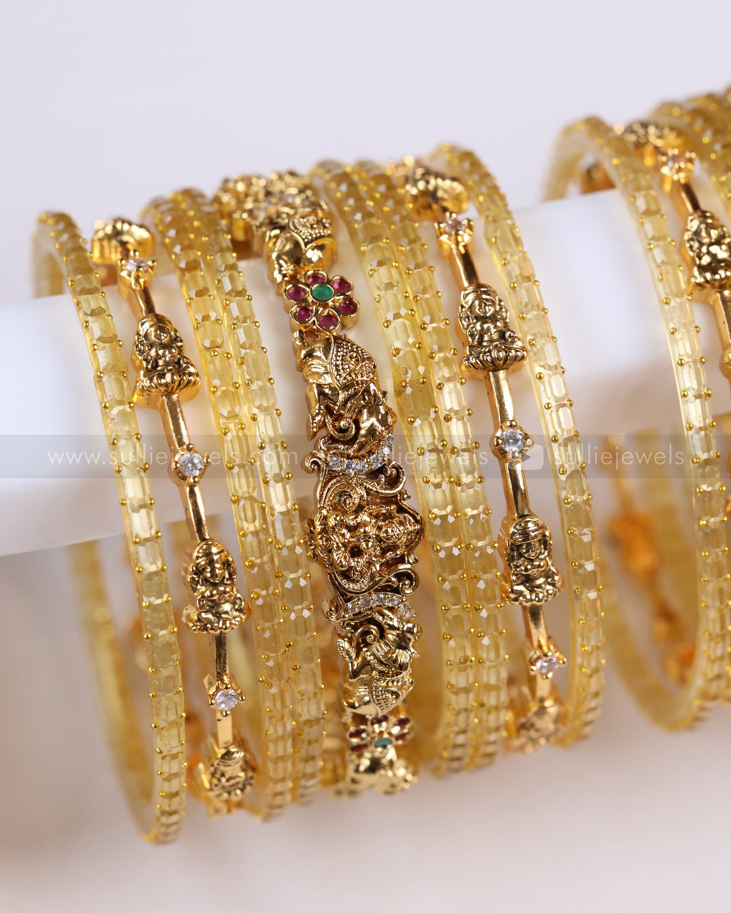 Golden Lakshmi Stone Glass Bangle Combo - 18 Bangles