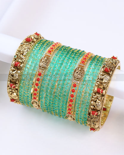 Lakshmi Temple Coral & Turquoise Glass Bangle Combo - Set of 16 Bangles