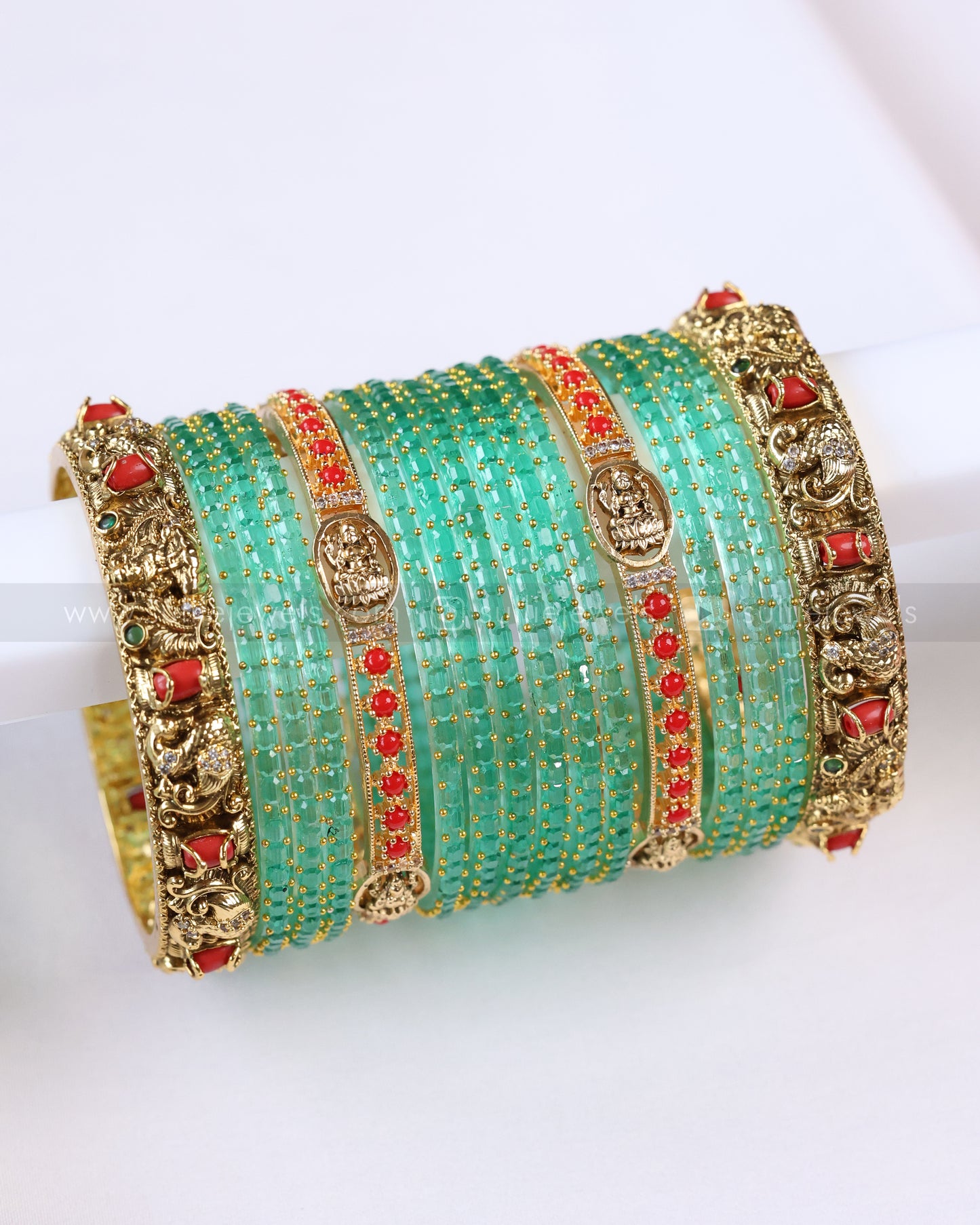 Lakshmi Temple Coral & Turquoise Glass Bangle Combo - Set of 16 Bangles