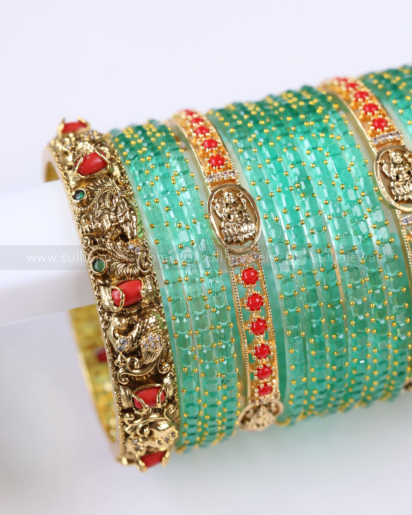 Lakshmi Temple Coral & Turquoise Glass Bangle Combo - Set of 16 Bangles