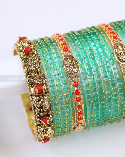 Lakshmi Temple Coral & Turquoise Glass Bangle Combo - Set of 16 Bangles