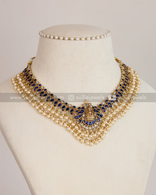 Luxe Goddess Blue Kundan Pearls Lakshmi Necklace with Earring