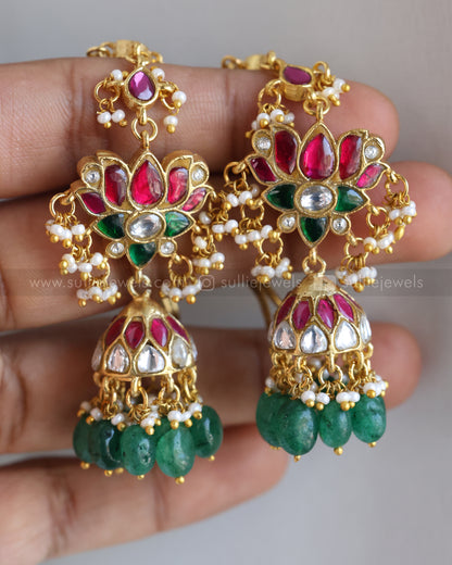 E1185 - Premium Lotus Jadau Kemp Jhumka with Earchain / Maatti