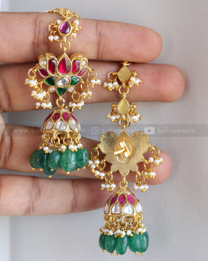 E1185 - Premium Lotus Jadau Kemp Jhumka with Earchain / Maatti