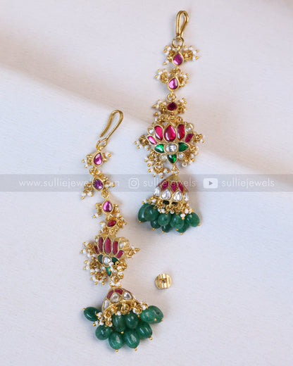 E1185 - Premium Lotus Jadau Kemp Jhumka with Earchain / Maatti