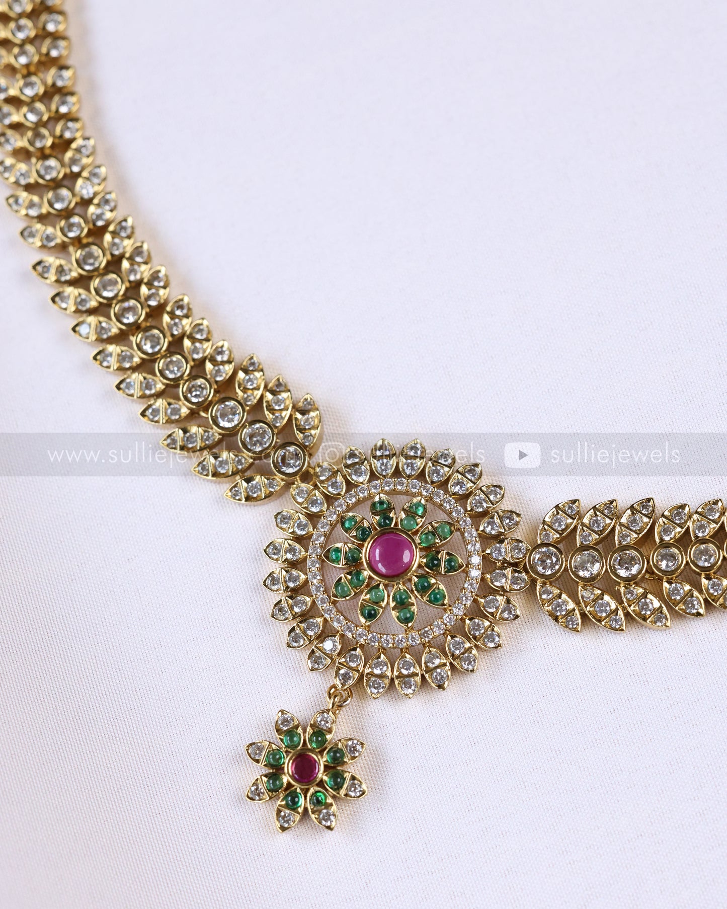 3889 - AD Green & Ruby Centre Stone Leaf Necklace with Stud