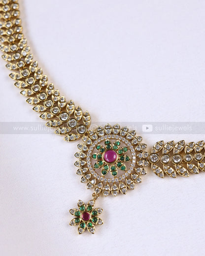 3889 - AD Green & Ruby Centre Stone Leaf Necklace with Stud