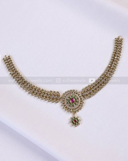 3889 - AD Green & Ruby Centre Stone Leaf Necklace with Stud