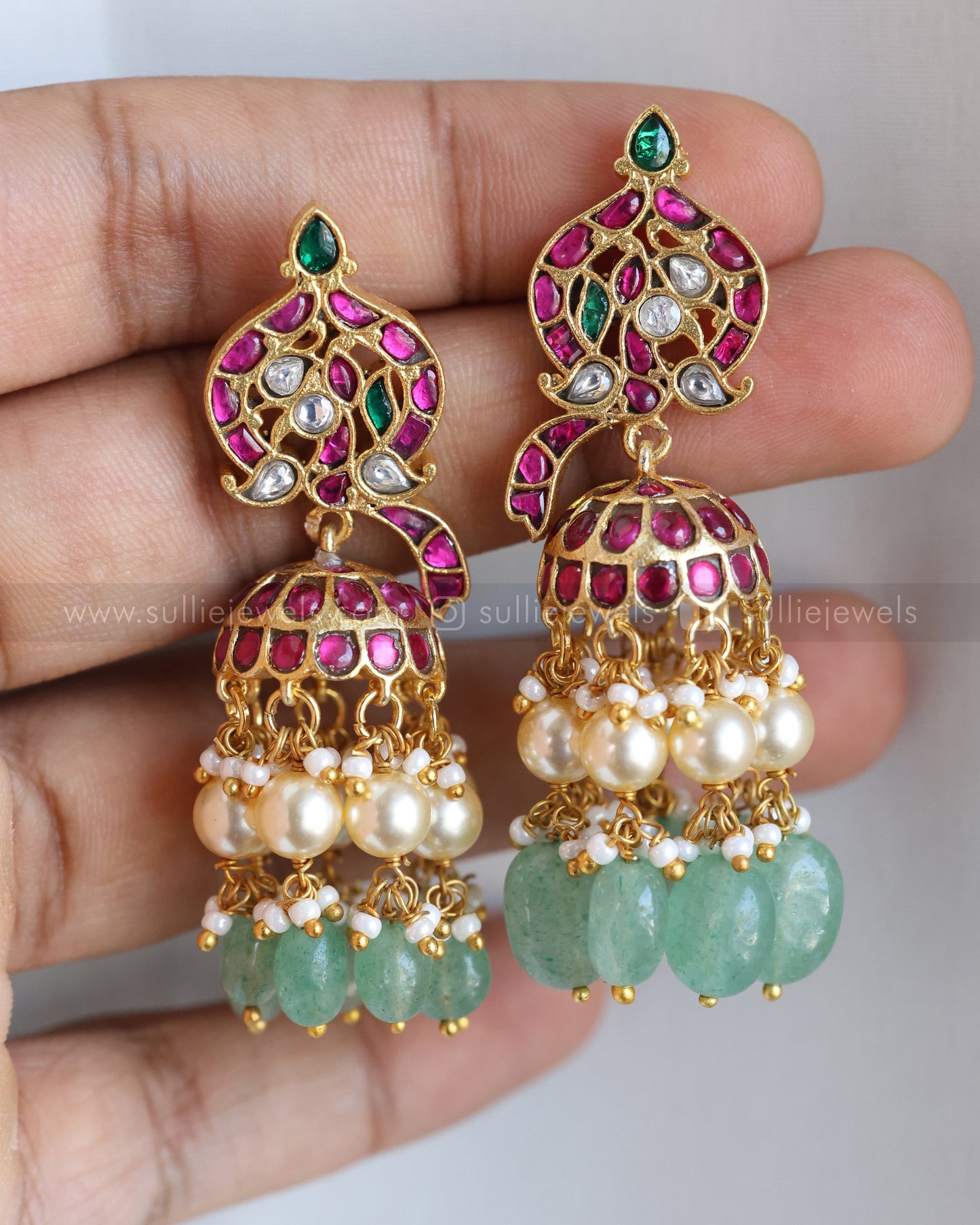 E1186 - Premium Real Jadau Kemp Peacock Earring with Mint Beads