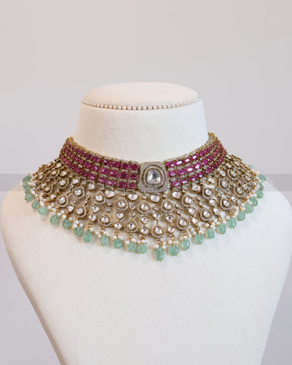 Victorian Polki Ruby Stone Heavy Choker Set with Tikka