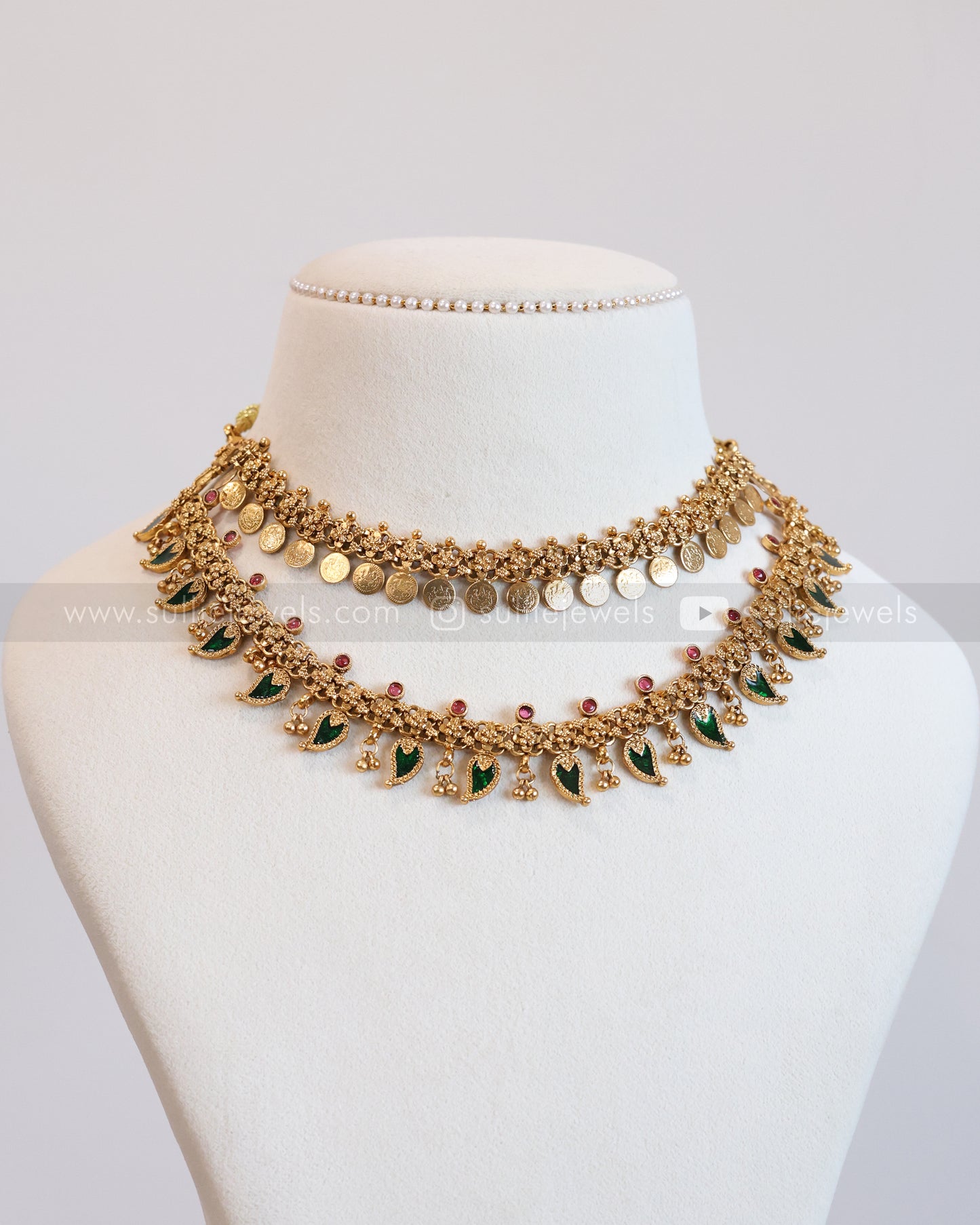 3611 - Double Layer Coin & Palakka Mango Necklace with Stud