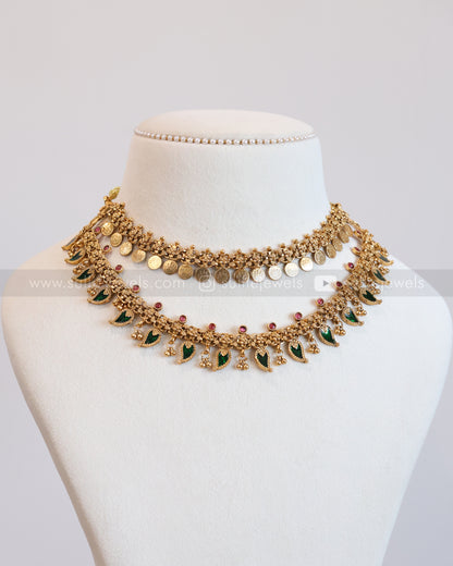 3611 - Double Layer Coin & Palakka Mango Necklace with Stud