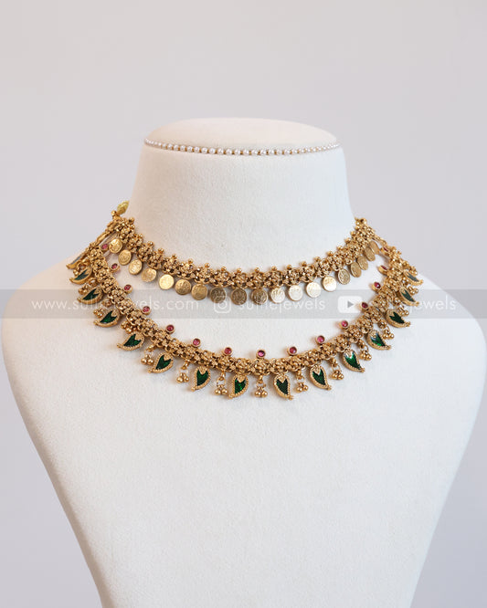 3611 - Double Layer Coin & Palakka Mango Necklace with Stud