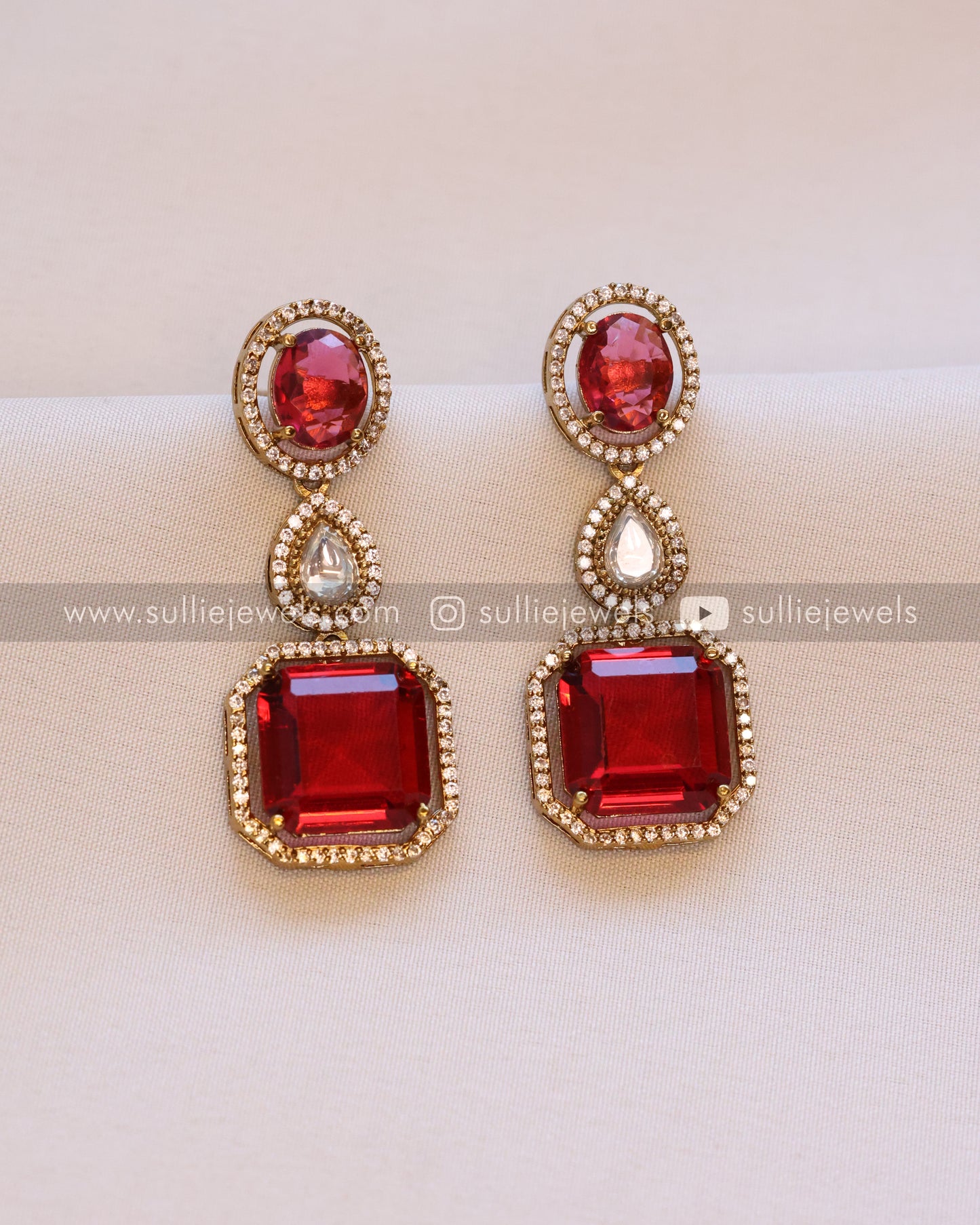 3 Layer Ruby Stone Necklace with Earring