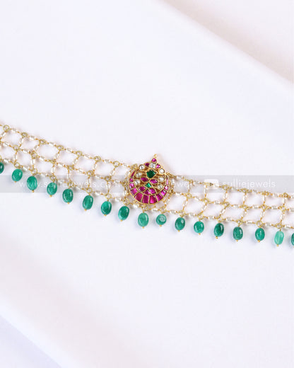 2152 - Jadau Kemp Premium Pearl Layered Choker with Green Beads