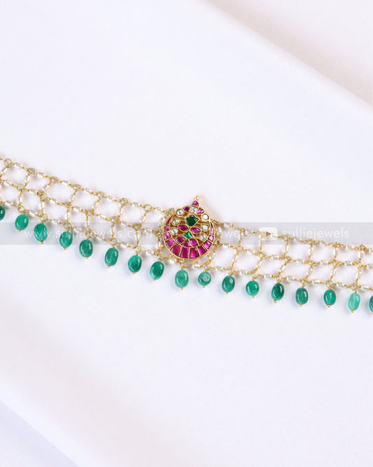 2152 - Jadau Kemp Premium Pearl Layered Choker with Green Beads