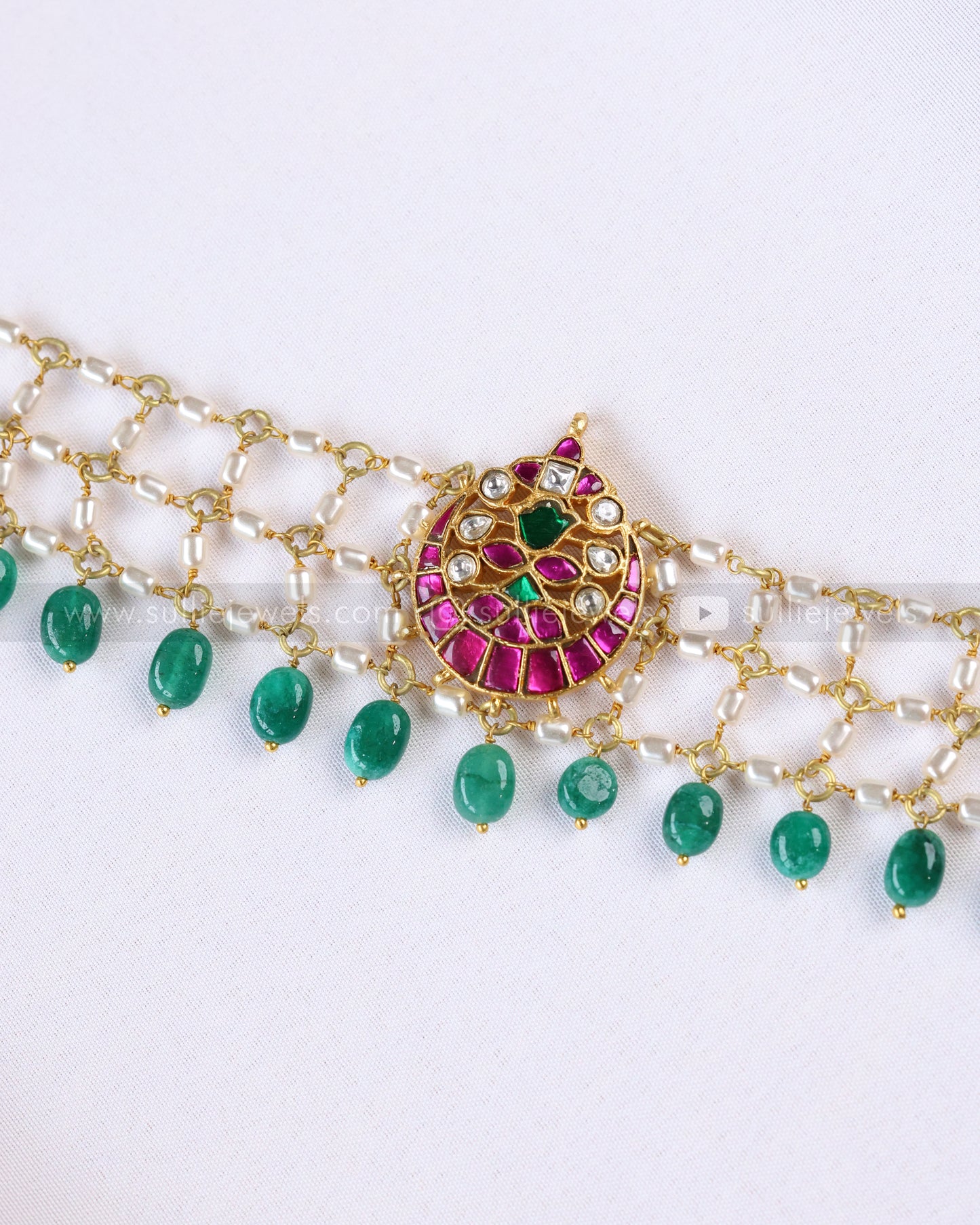 2152 - Jadau Kemp Premium Pearl Layered Choker with Green Beads
