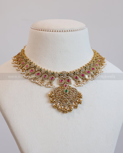 3627 - No Idol - Kemp Guttapusalu Necklace with Earring - Gold Beads