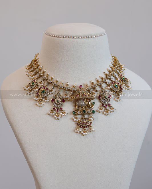 3633 - Premium AD Elephant Guttapusalu Pendant Necklace with Jhumka