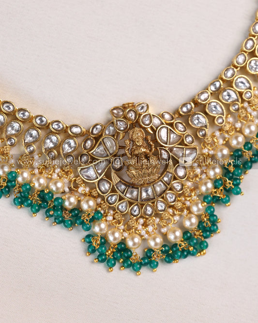 Luxe Goddess Kundan Green Bead Lakshmi Necklace with Earring