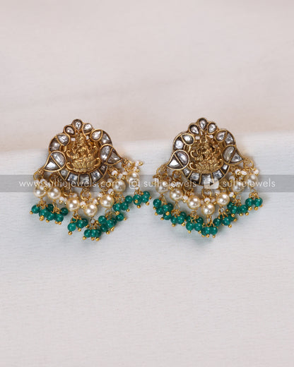 Luxe Goddess Kundan Green Bead Lakshmi Necklace with Earring
