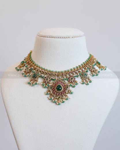 3634 - No Idol Floral Green Guttapusalu Hanging Necklace with Earring - Mint