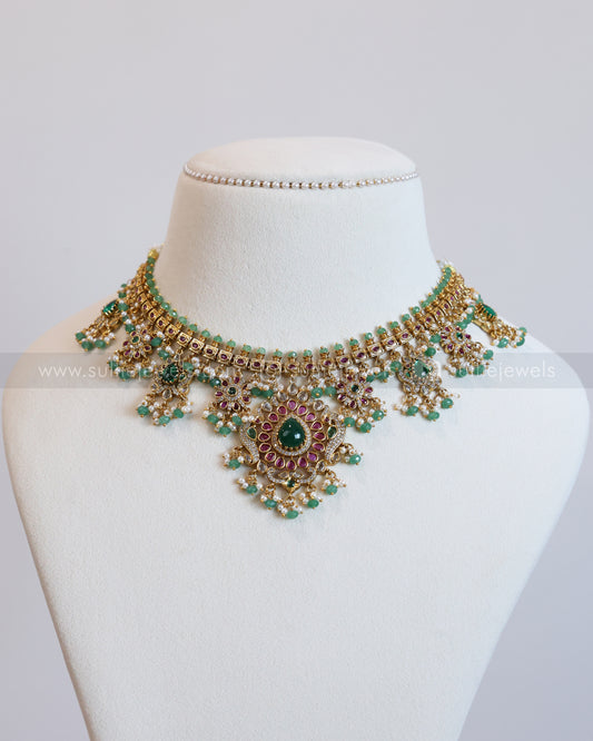 3634 - No Idol Floral Green Guttapusalu Hanging Necklace with Earring - Mint