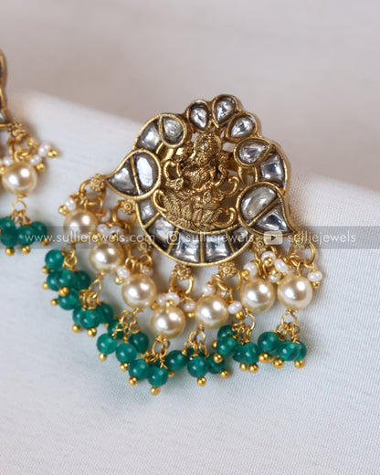 Luxe Goddess Kundan Green Bead Lakshmi Necklace with Earring