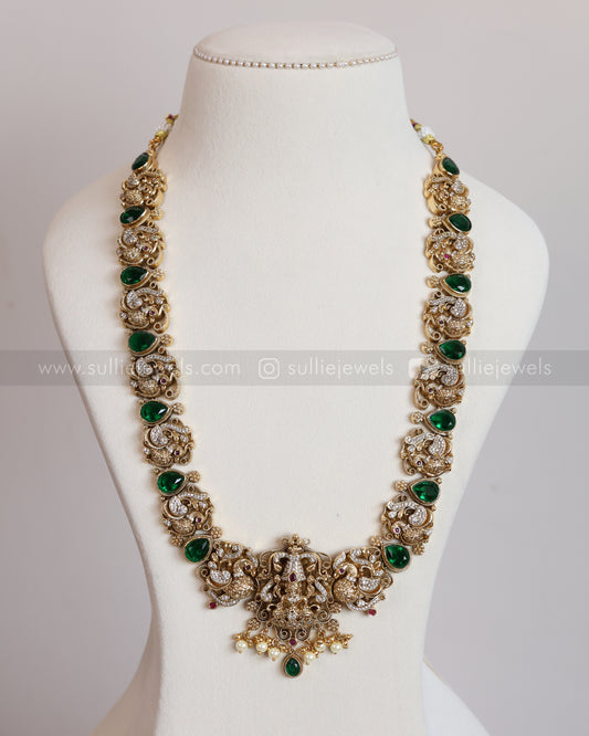 7150 - Premium Emerald Peacock Venkateshwara Stonework Haaram with Earring