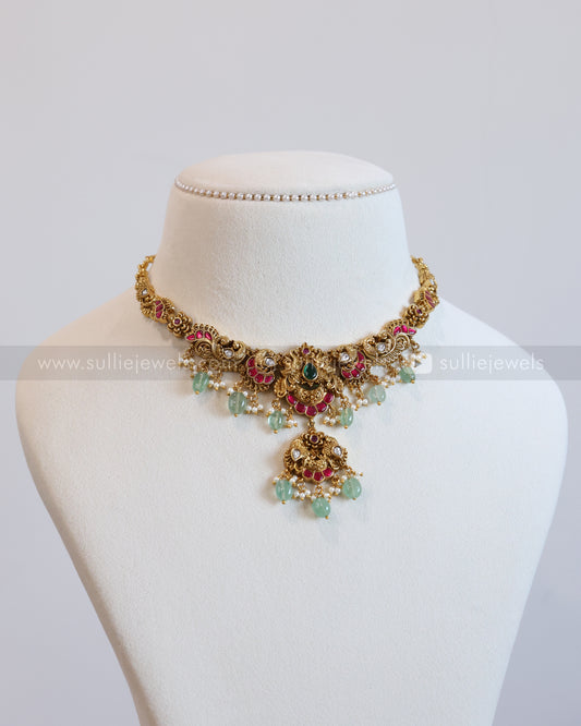 3626 - No Idol Elephant Peacock Kemp Necklace with Earring - Mint Beads