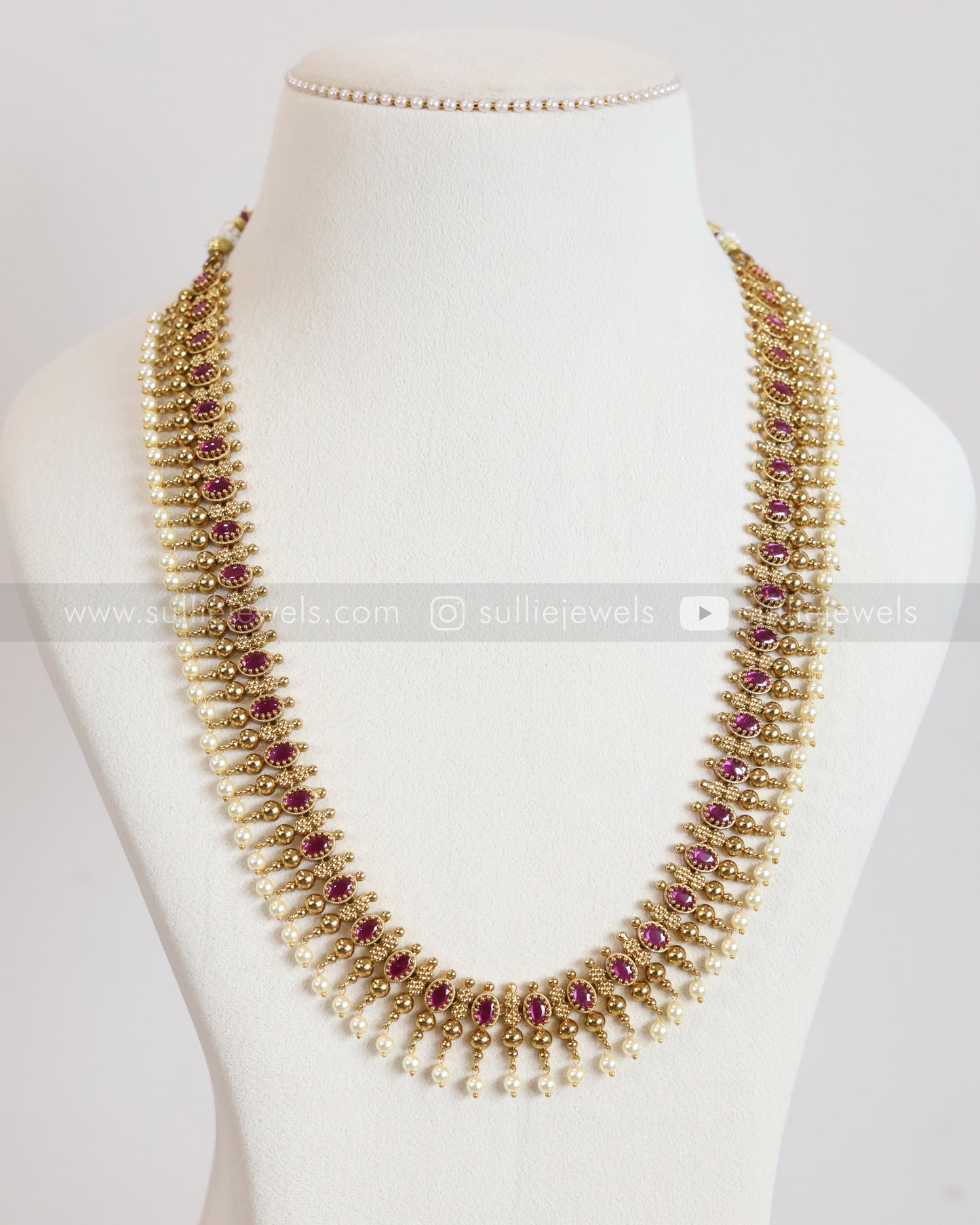 7196 - Ruby Gold Pearl Long Chain / Haaram with Stud
