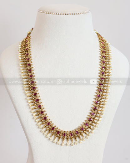 7196 - Ruby Gold Pearl Long Chain / Haaram with Stud