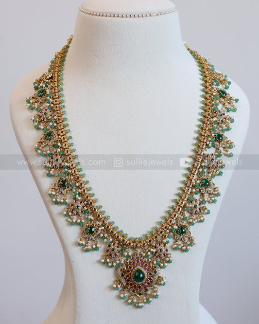 7136 - No Idol Floral Green Guttapusalu Hanging Haaram with Earring - Mint