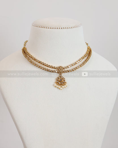 3926 - White Stone 2 Layer Attigai Necklace with Stud