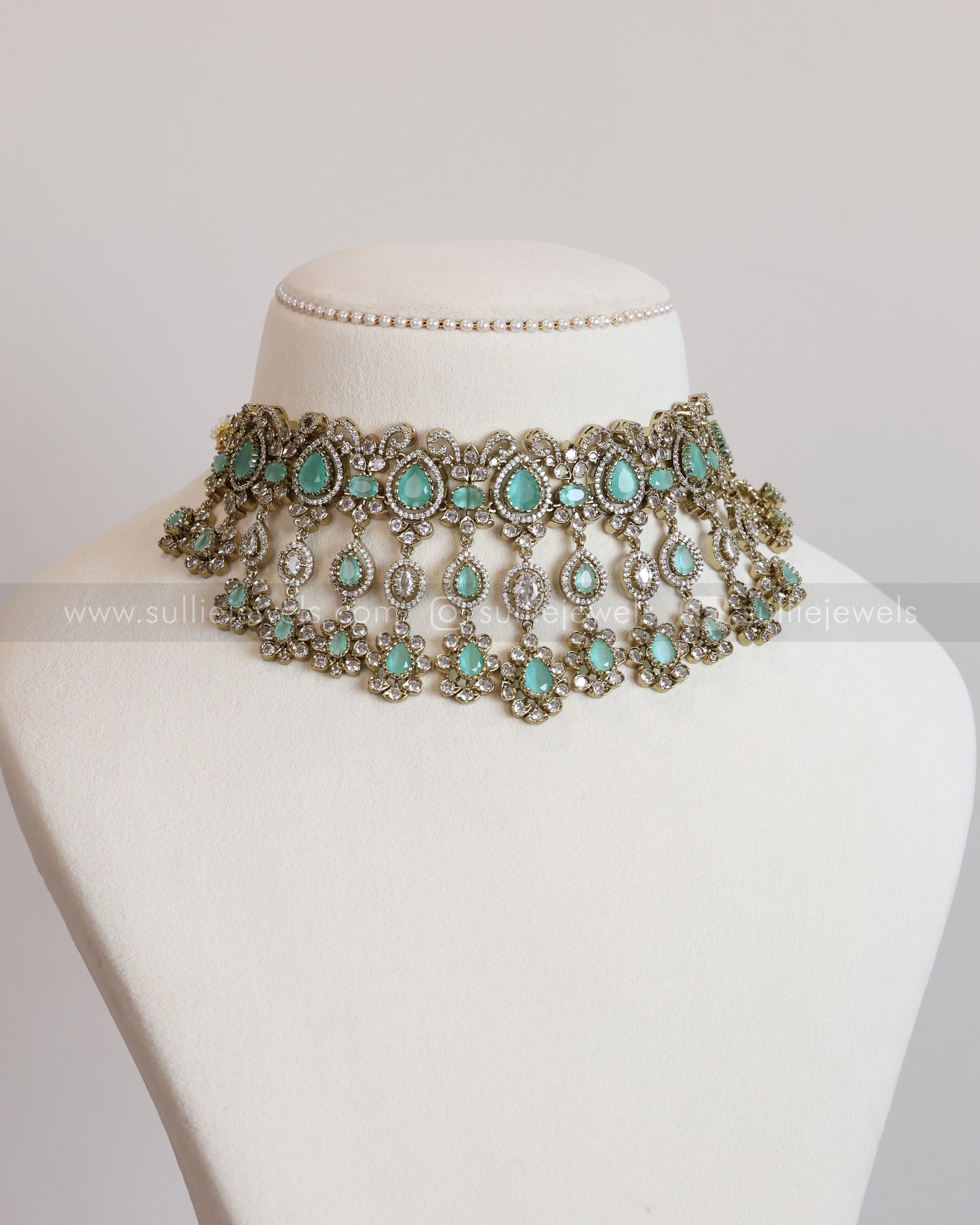 2111 - Premium Raindrop Polki Pastel Blue Heavy Choker with Earrings