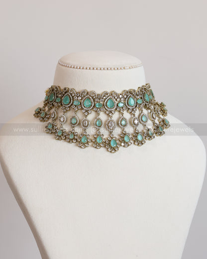 2111 - Premium Raindrop Polki Pastel Blue Heavy Choker with Earrings