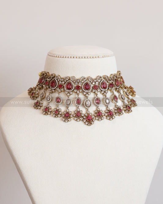 2112 - Premium Raindrop Polki Ruby Heavy Choker / Necklace with Earrings