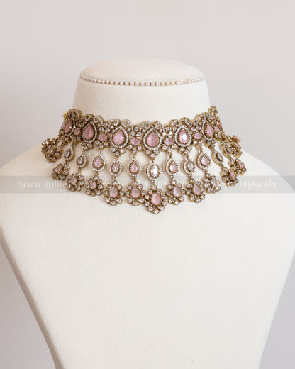 2110 - Premium Raindrop Polki Pastel Pink Heavy Choker with Earrings