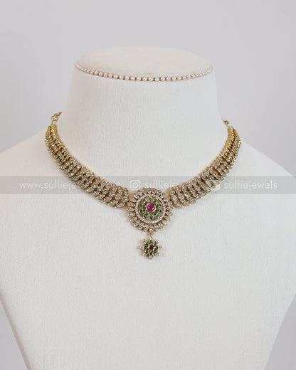 3889 - AD Green & Ruby Centre Stone Leaf Necklace with Stud