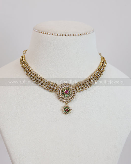 3889 - AD Green & Ruby Centre Stone Leaf Necklace with Stud