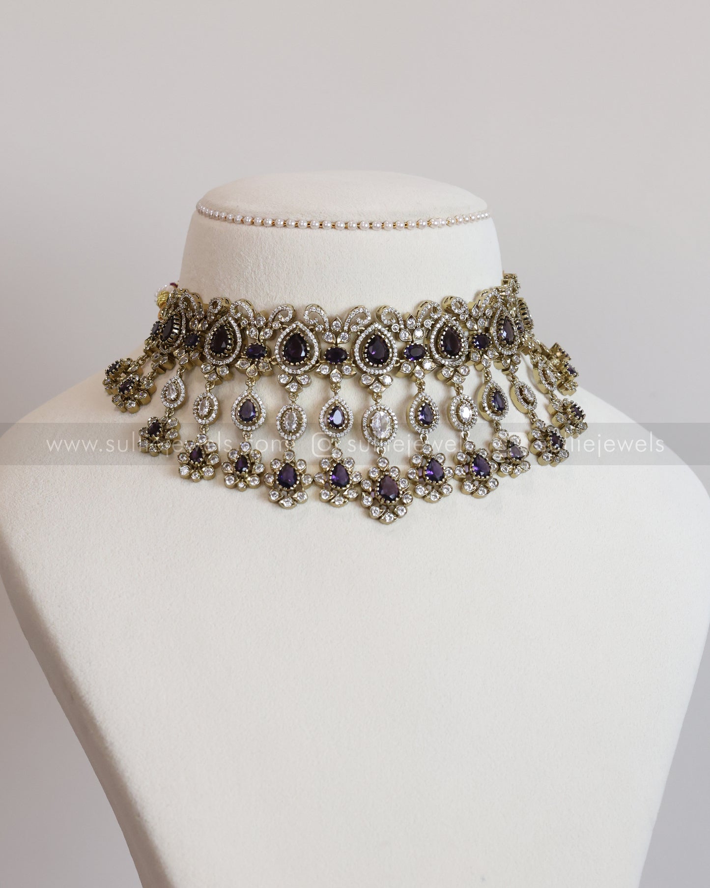 2114 - Premium Raindrop Polki Violet Heavy Choker with Earrings