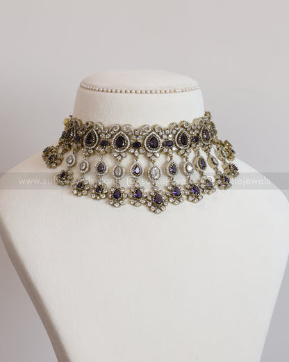 2114 - Premium Raindrop Polki Violet Heavy Choker with Earrings
