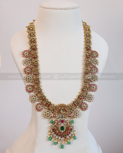 Lakshmi Coral Stone & Green Beads Long Chain / Haaram with Earring