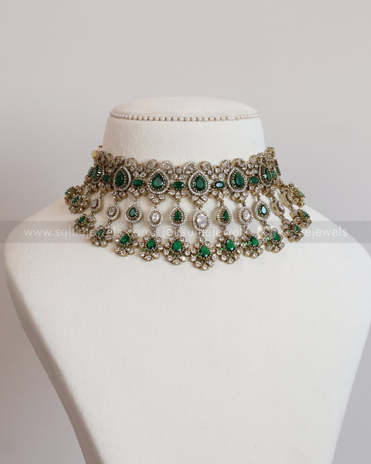 2113 - Premium Raindrop Polki Green Heavy Choker / Necklace with Earrings
