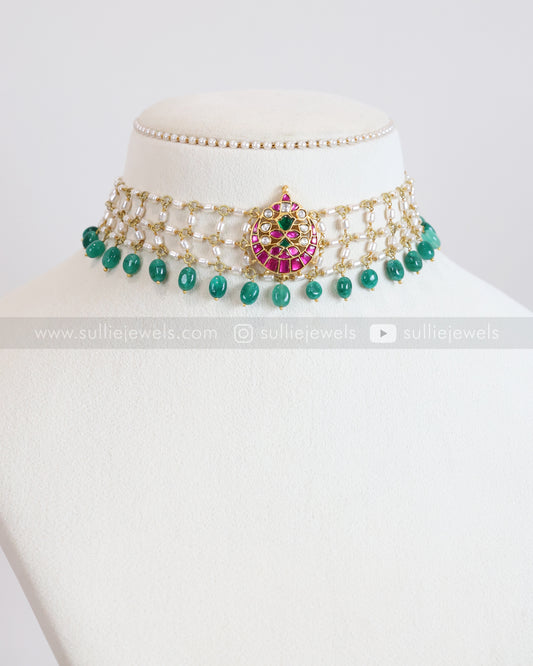 2152 - Jadau Kemp Premium Pearl Layered Choker with Green Beads